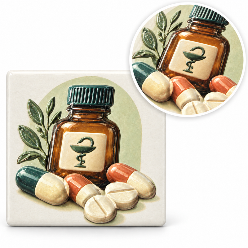 Mockup eines Keramikmagneten mit Apothekenflasche, Tabletten und Kapseln