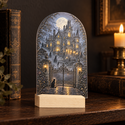 Gothic-Bogenschild Haunted Manor mit Standfuß als Lifestyle-Mockup