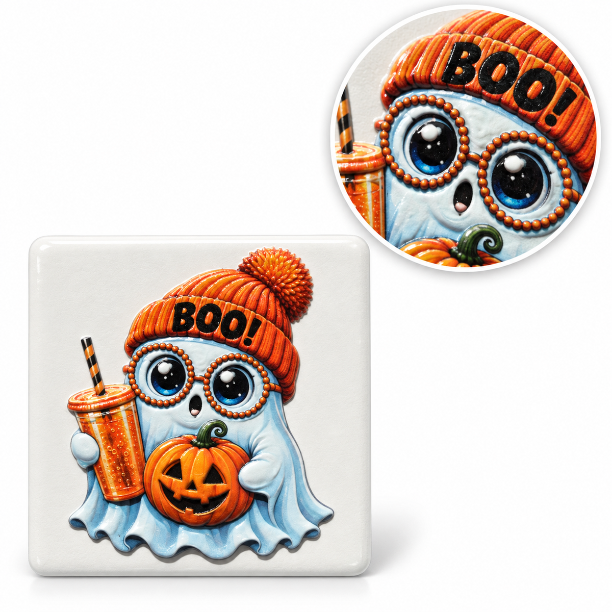 Mockup des Spooky Mini Boo-Buddy mit Brille, Bommelmütze und Kürbis