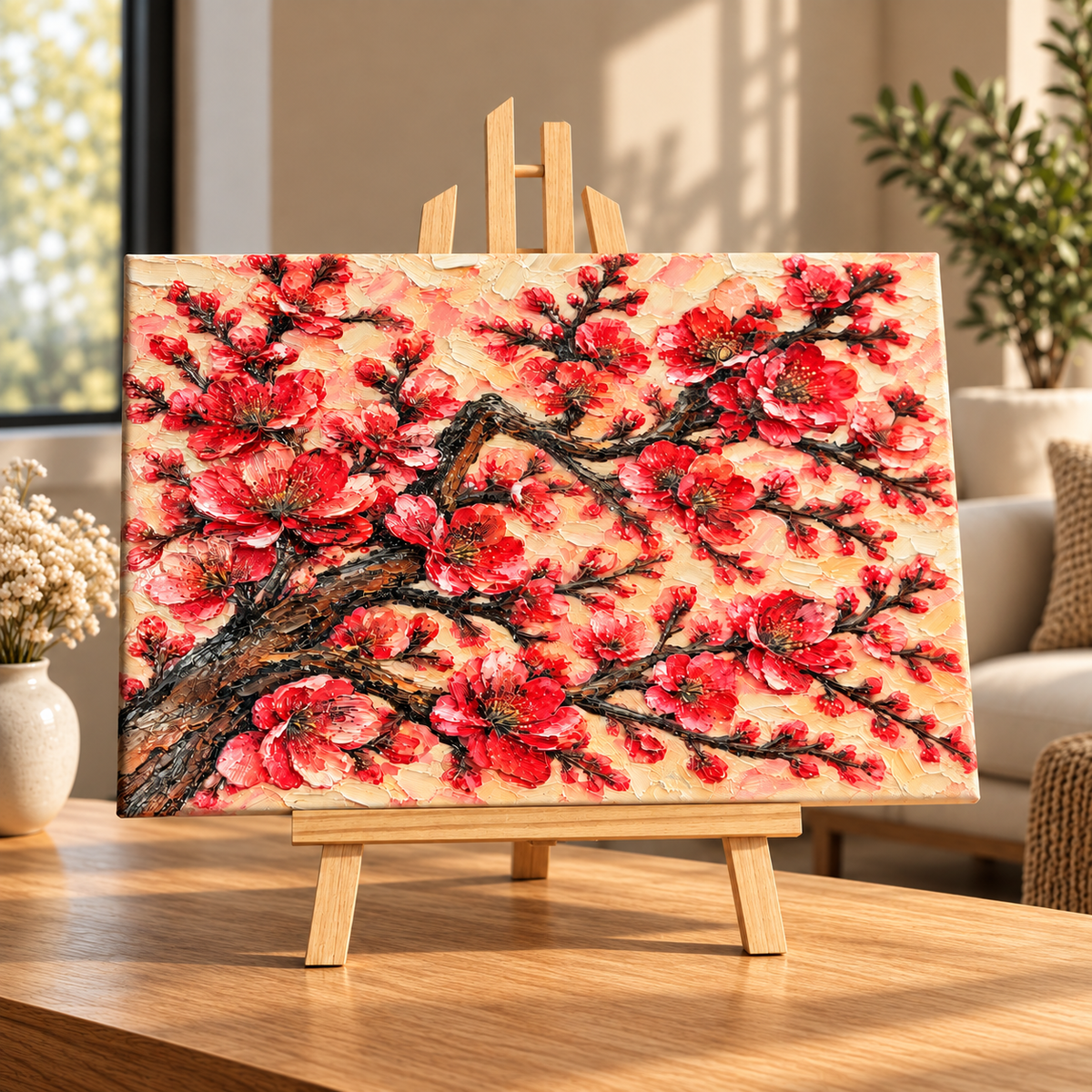 Wohnraum-Mockup: Kirschblüten-Leinwand 30 × 40 cm; Dekoration nicht enthalten