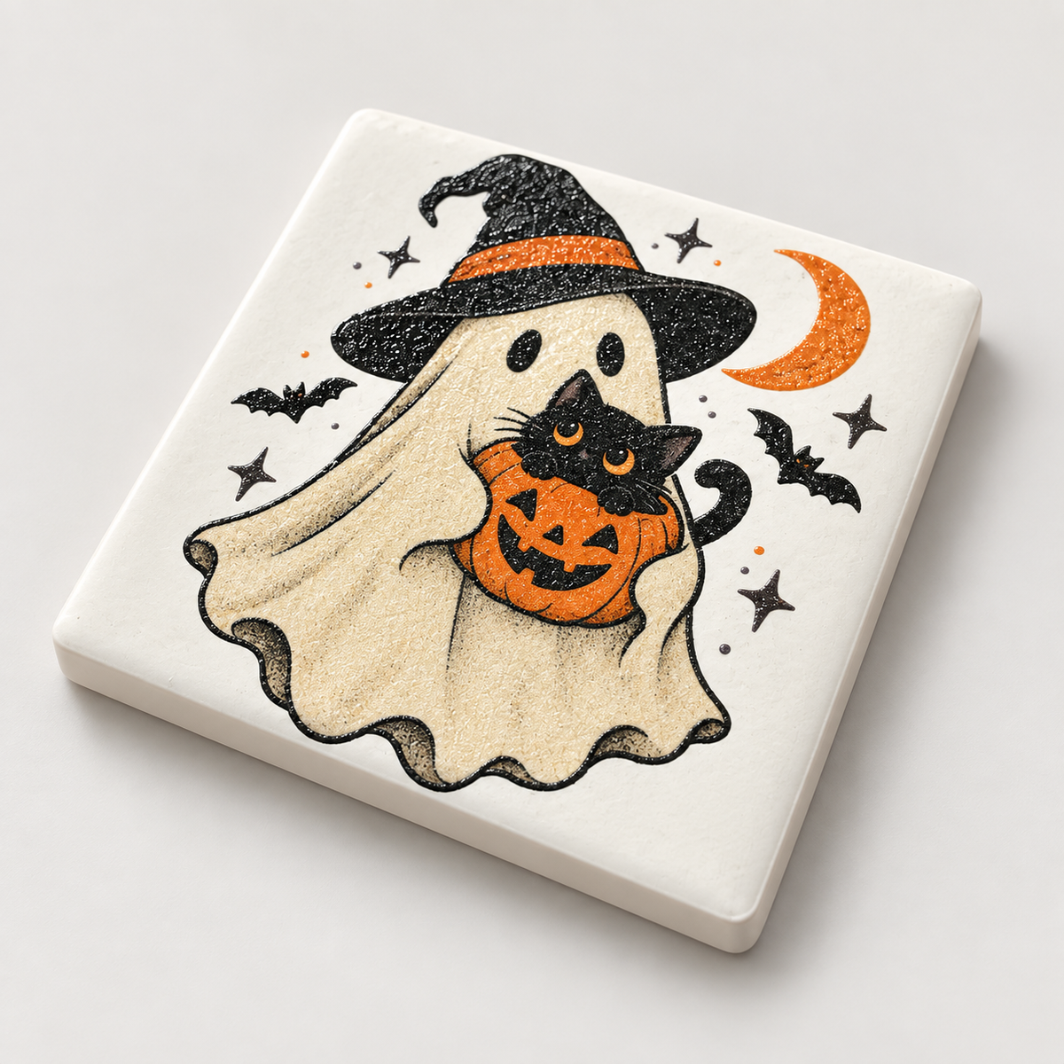 Quadratischer Keramikmagnet Spooky Friends mit Geist Katze und Kürbis