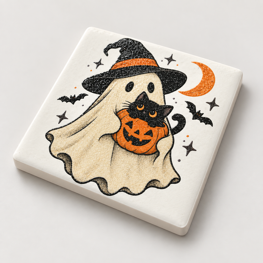 Quadratischer Keramikmagnet Spooky Friends mit Geist Katze und Kürbis