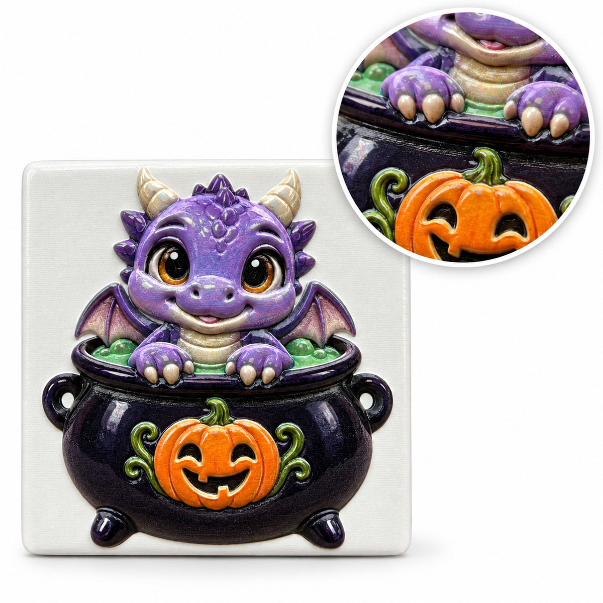 Kesseldrache – Keramikmagnet mit rundem Relief-Detailausschnitt (Mockup)