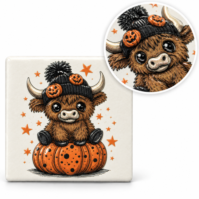 Mockup des Keramikmagneten mit Hochlandrind und Kürbis