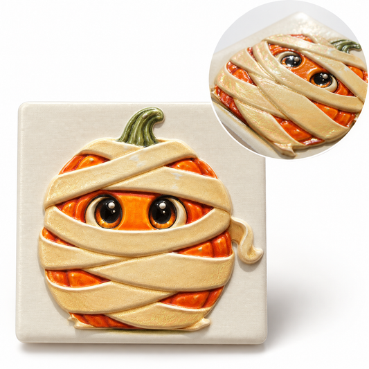 Orangefarbener Mumienkürbis mit cremefarbenen Bändern und großen Augen als Relief auf einem quadratischen Keramikmagneten.