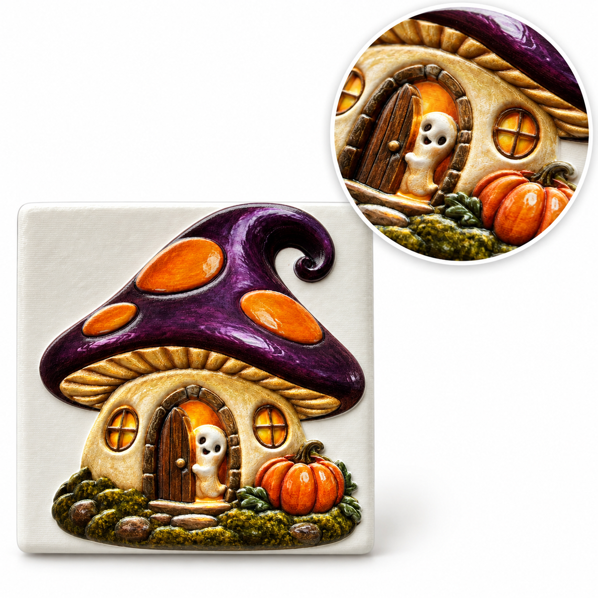 Pilzspuk – Keramikmagnet mit rundem Relief-Detailausschnitt (Mockup)