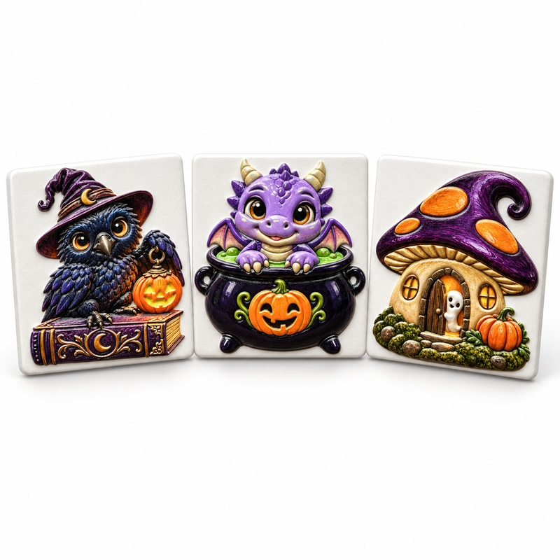 Mockup des Mystic-Forest-3er-Sets mit Rabenzauber, Kesseldrache und Pilzspuk